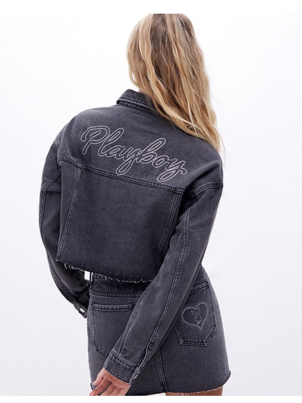 Playboy X Pacsun Denim Grey Rhinestone Cropped Jacket M/L
